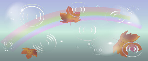 Obraz na płótnie Canvas Autumn leaves in the rain and rainbow. Vector background
