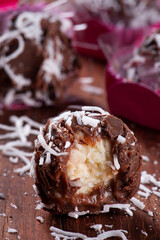 .Chocolate gourmet brigadier with coconut. Typical Brazilian sweet.
