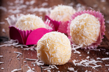 Coconut Gourmet Brigadeiro. Typical Brazilian sweet.