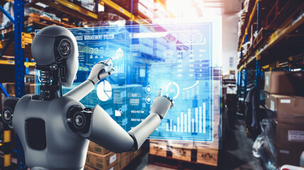 Innovative industry robot working in warehouse for human labor replacement . Concept of artificial intelligence for industrial revolution and automation manufacturing process .