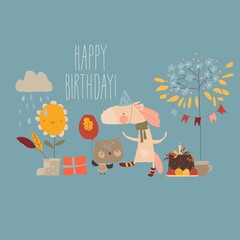 Happy Cartoon Friends Animals celebrating Autumn Birthday