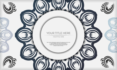 Design background with vintage patterns. White banner template with mandala ornaments and place for your logo.