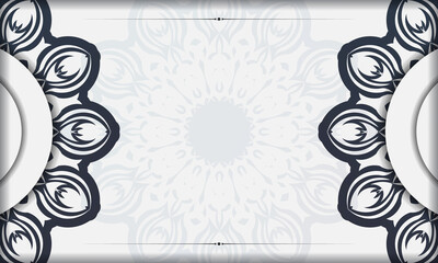 Design background with vintage patterns. White banner template with mandala ornaments and place for your logo.