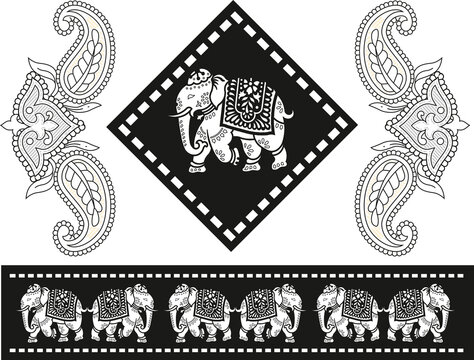 Tribal Pattern Elephant Paisley design, Royalty Free Cliparts, Stock Illustration with seamless border
