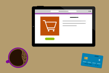 Shopping online on tablet computer. Credit card, tablet and cup of coffee isolated on desk. Vector illustration.