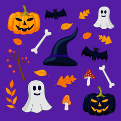 Halloween set with ghosts, jack lanterns, leaves, bones, bats and fly agarics