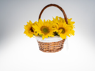 Fototapeta na wymiar A basket of sunflowers on a white background. In the studio on a white background. Postcard concept.
