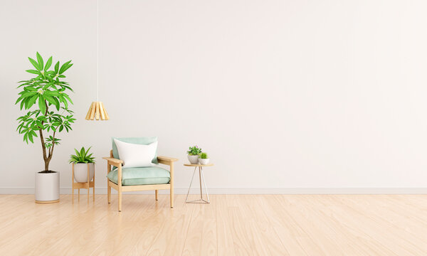 Green armchair in white living room with copy space for mockup, 3D rendering