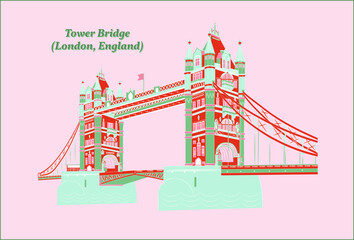 Iconic Tower Bridge connecting London with Southwark on the Thames River. Modern style. A postcard in fashionable colors.