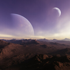 3d rendered Space Art: Alien Planet - A Fantasy frozen landscape with planets and blue skies