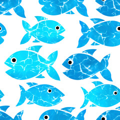 Seamless pattern with blue watercolor  fishes.