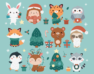 Christmas set with cute kawaii animals - fox, bunny, leopard, hedgehog, owl, raccoon, deer, penguin, bear and sloth. Cartoon characters. Happy New Year. Vector illustration.