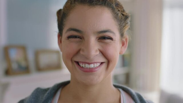 portrait beautiful mixed race teenage girl smiling looking confident teenager at home teen self image concept 4k footage