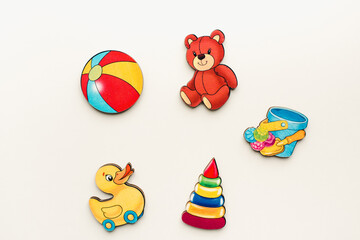 Children's wooden toys. Educational toys on a white background. Bright toys. 