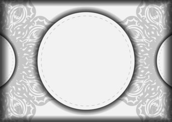 Invitation card template with place for your text and ornament. Print-ready postcard design in white with black mandala patterns.