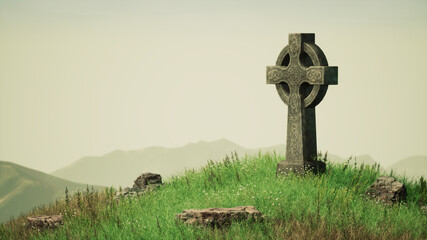 Celtic cross on top of a green hill with misty landscape. Fantastic 3D illustration.