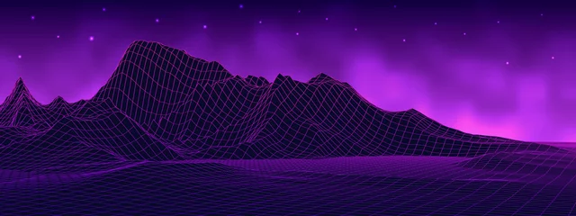 Selbstklebende Fototapeten Violett Wireframe-Landschaftshintergrund. 80er Jahre Retro-Landschaftsstil. Vektor-Illustration.  © Ginger Hamster