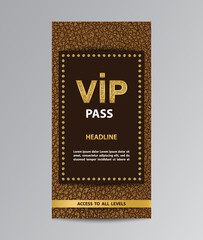 Brown VIP pass admission flyer with golden glittering VIP sign and leather background