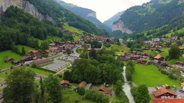 Aerial view of Lauterbrunnen is a village and a municipality in the Interlaken-Oberhasli administrative district in the canton of Bern in Switzerland. Is at the entrance of a spectacular valley.