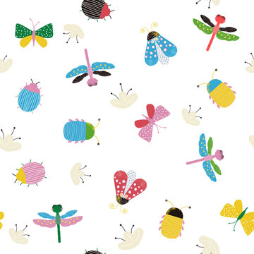 Cute kids seamless pattern with bugs and butterflies. Vector hand drawn illustration.