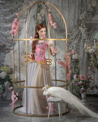 Red-haired girl in a golden cage with a white peacock