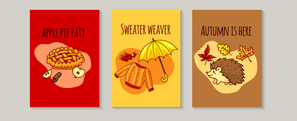 Autumn cozy mood, three postcard template. Childish card with apple pie, sweater, socks, umbrella, hedgehog and autumn leafs. Vector illustration in cartoon style.