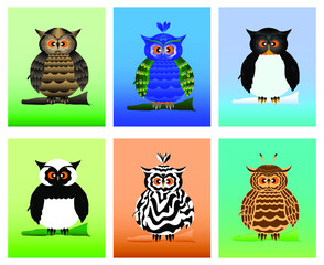 Funny cartoon owl. Stylized as different animals and birds - peacock, penguin, panda, zebra and giraffe. Set of cute eagle-owls