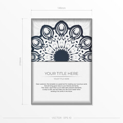 Preparation of invitation card with greek patterns. Stylish vector template for print design postcard in White color with dark blue vintage