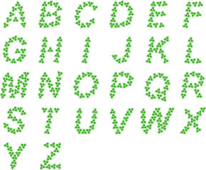 English alphabet from triple green cannabis leaves isolated. Medical marijuana. Classical Latin alphabet. Hemp green leaf logo.