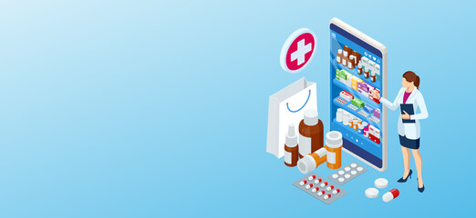 Online pharmacy and medicine with a medical app. Buying medicines online. Mobile service or app for purchasing medicines in online pharmacy drugstore.