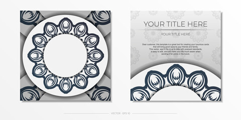Stylish Postcard Design White with dark blue vintage patterns. Stylish invitation with Greek ornament.