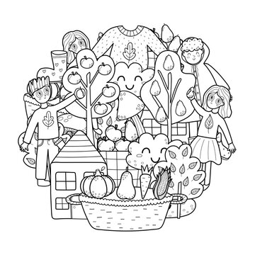 Autumn circle shape pattern. Fall mandala coloring page. Black and white print with harvesting kids, sweater, cloud. Vector illustration