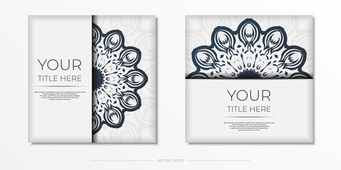 Stylish Ready-to-Print Postcard Design in White with dark vintage patterns. Invitation card template with Greek ornament.