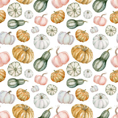 Watercolor seamless pattern of colorful pumpkins. Autumn background. Thanksgiving, Halloween botanical illustration - white, green, orange pumpkins.
