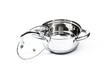 steel pan with a transparent lid isolated on white background .