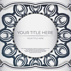 Stylish Template for print design postcard White color with dark blue vintage ornament. Preparing an invitation card with Greek patterns.