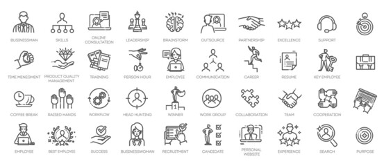 Business people, human resources, office management - thin line web icon set