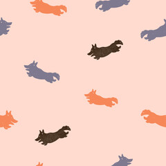 Vector seamless pattern with cute small corgi dogs jumping and running, in retro modern hand drawn style. Bright pastel colors