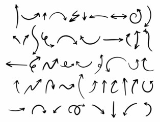 Collection of hand drawn arrows, set of marker drawn doodles Hand drawn arrows. Scribble arrow, sketchy ink arrowheads vector