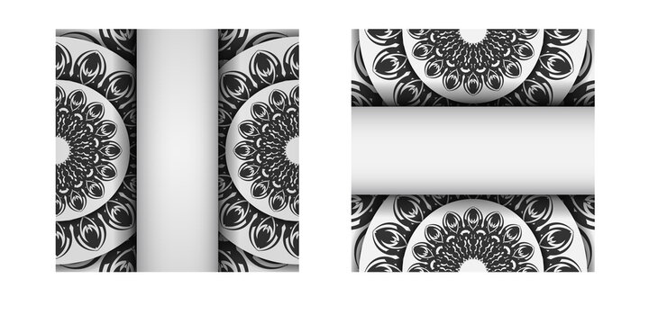Template for print design postcards White colors with mandalas. Vector preparation of invitation card with place for your text and black ornaments.