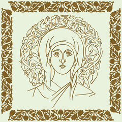 byzantine icon virgin deva divine paper style art vector illustration with floral ornament decoration