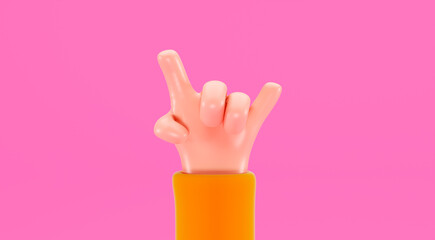 Cartoon hand shows a goat gesture, 3d illustration. The concept of music, rock and parties. The hand of a cartoon character makes a Rock and Roll gesture, 3d rendering