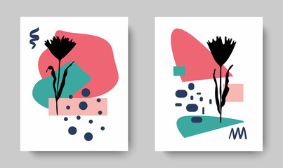 Creative unique fashion greeting cards with flowers and shapes of different shapes.Design for banners,postcards,greetings, wall art