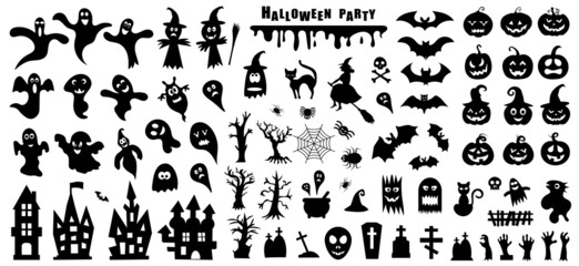 Fototapeta na wymiar Set of silhouettes of Halloween on a white background. Vector illustration.