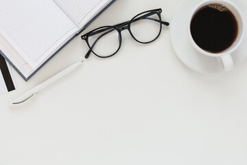 Business woman's workspace, desk top view with copy space