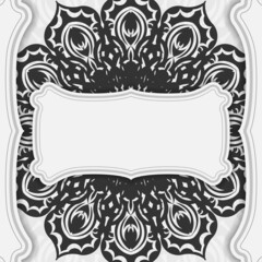 Vector white color postcard design with black mandala ornament. Invitation card design with space for your text and patterns.