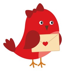 Cute Red Bird with Bow Holding Love Letter