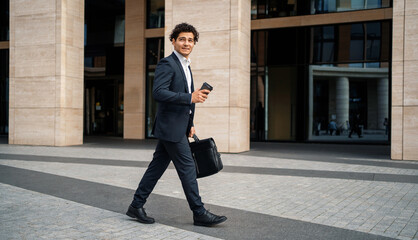 A bank employee near the office. An economist goes to work in a business suit. The lawyer is happy...