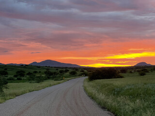 Fire sunset over road and landscape in Sonoita, Arizona