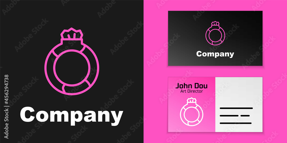 Wall mural Pink line Fantasy magic stone ring with gem icon isolated on black background. Logo design template element. Vector